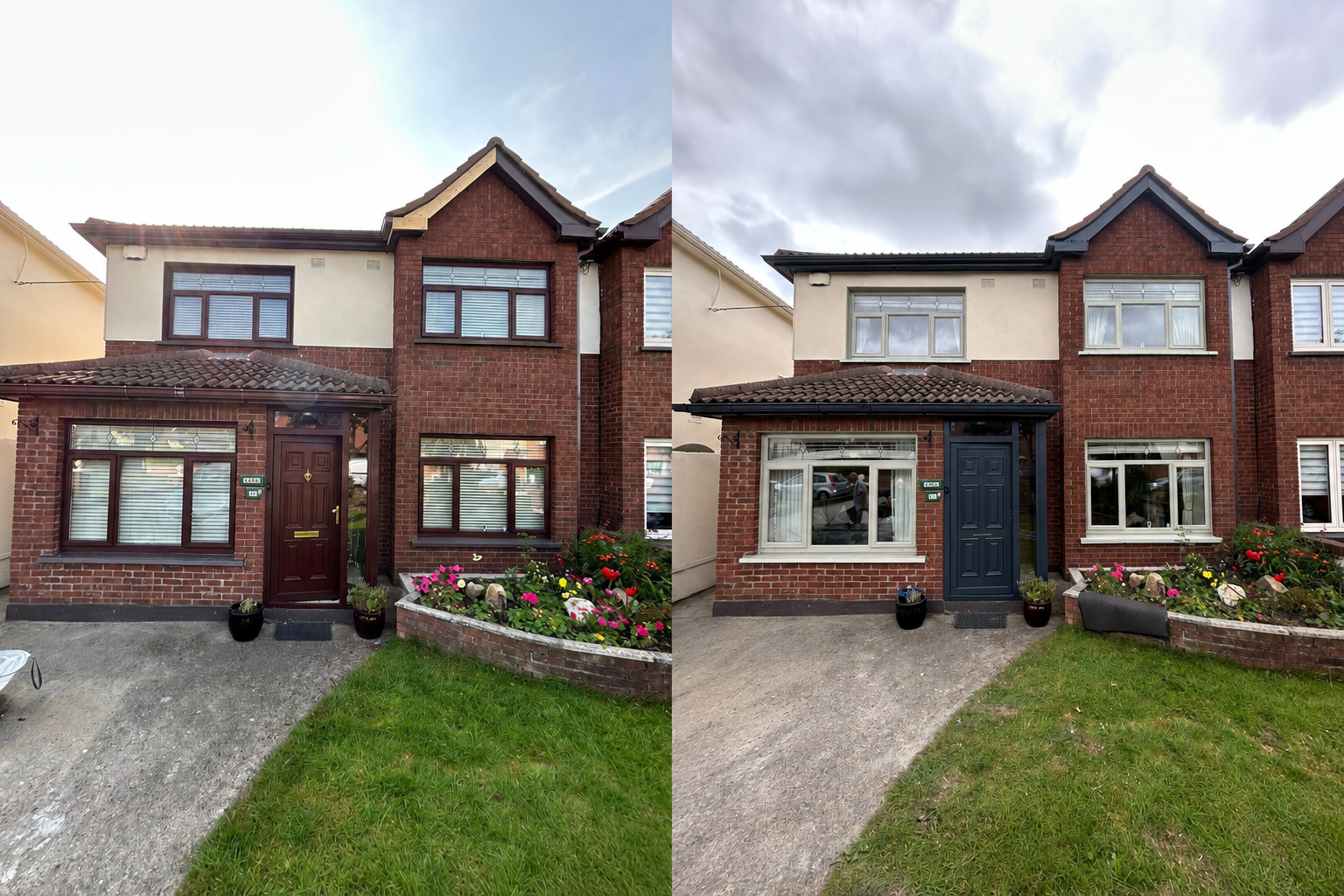 Semi-detached red brick house before and after respraying — dark brown uPVC windows and door transformed to cream frames with a navy blue front door