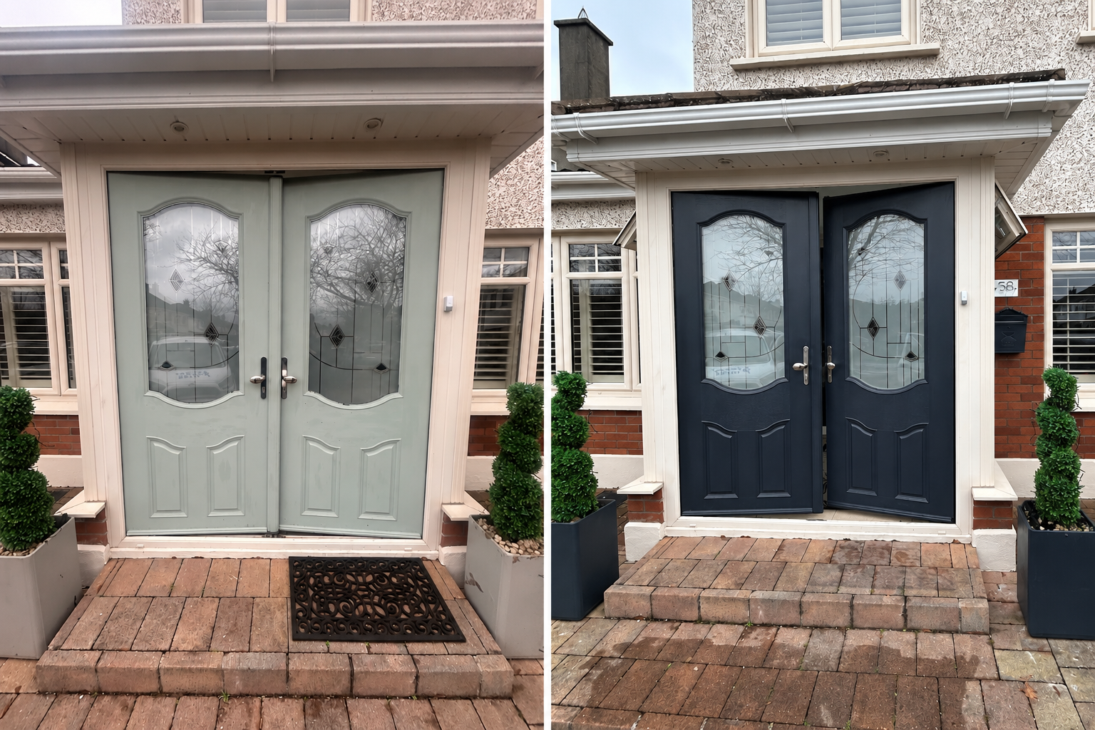 Double front door before and after respraying — sage green doors and cream frame transformed to deep navy on a brick house