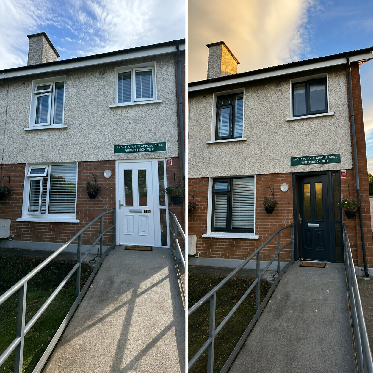 Whitechurch View house before and after respraying — white uPVC windows and front door transformed to anthracite grey