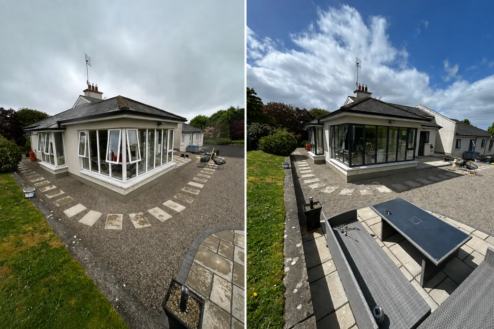 Conservatory before and after respraying — white window frames transformed to anthracite grey on a bungalow