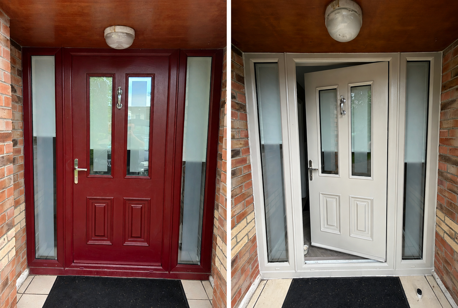 Front door with sidelights before and after respraying — red door and frame transformed to cream with frosted glass panels