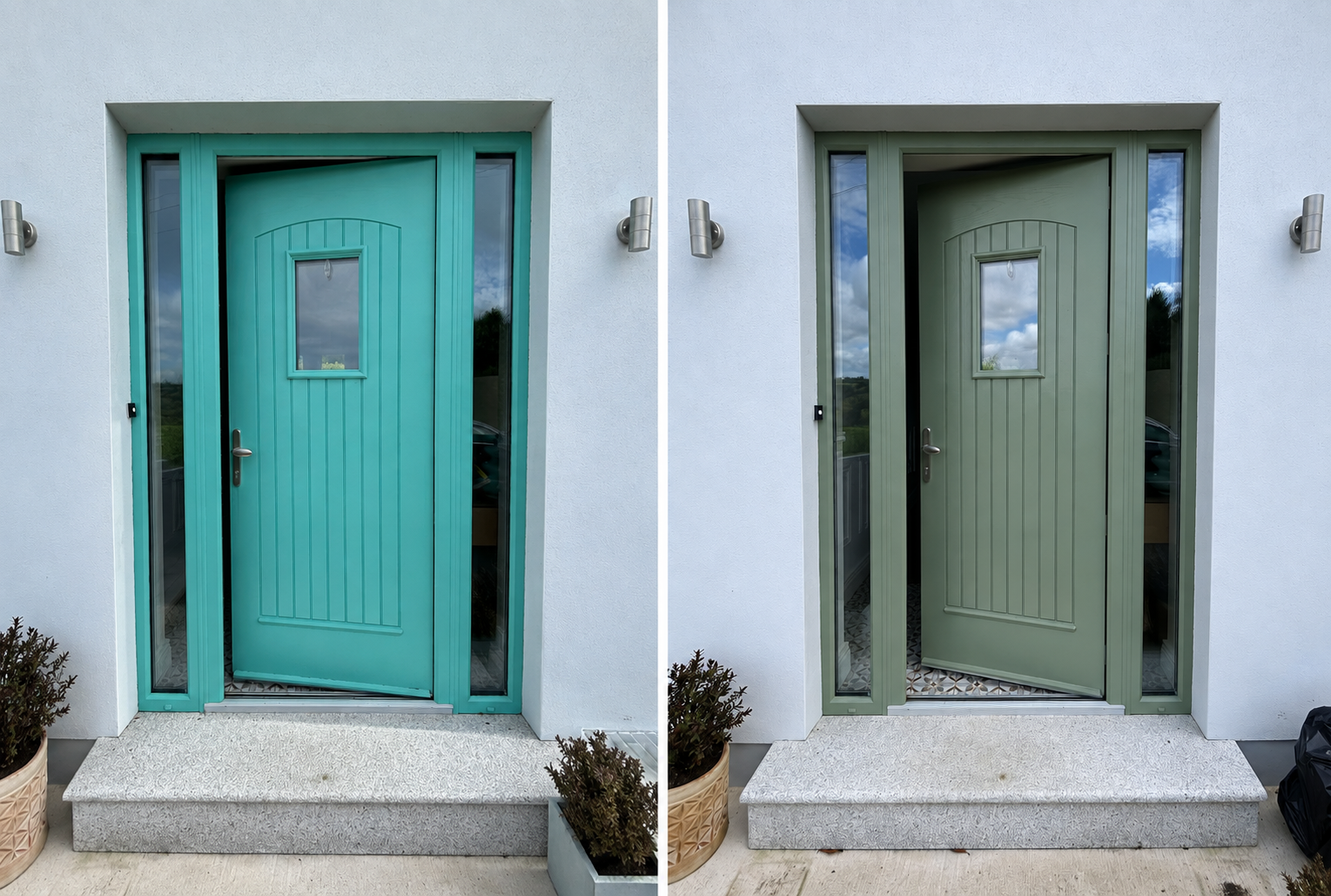 Front door before and after respraying — bright teal door and frame transformed to sage green on a white rendered house