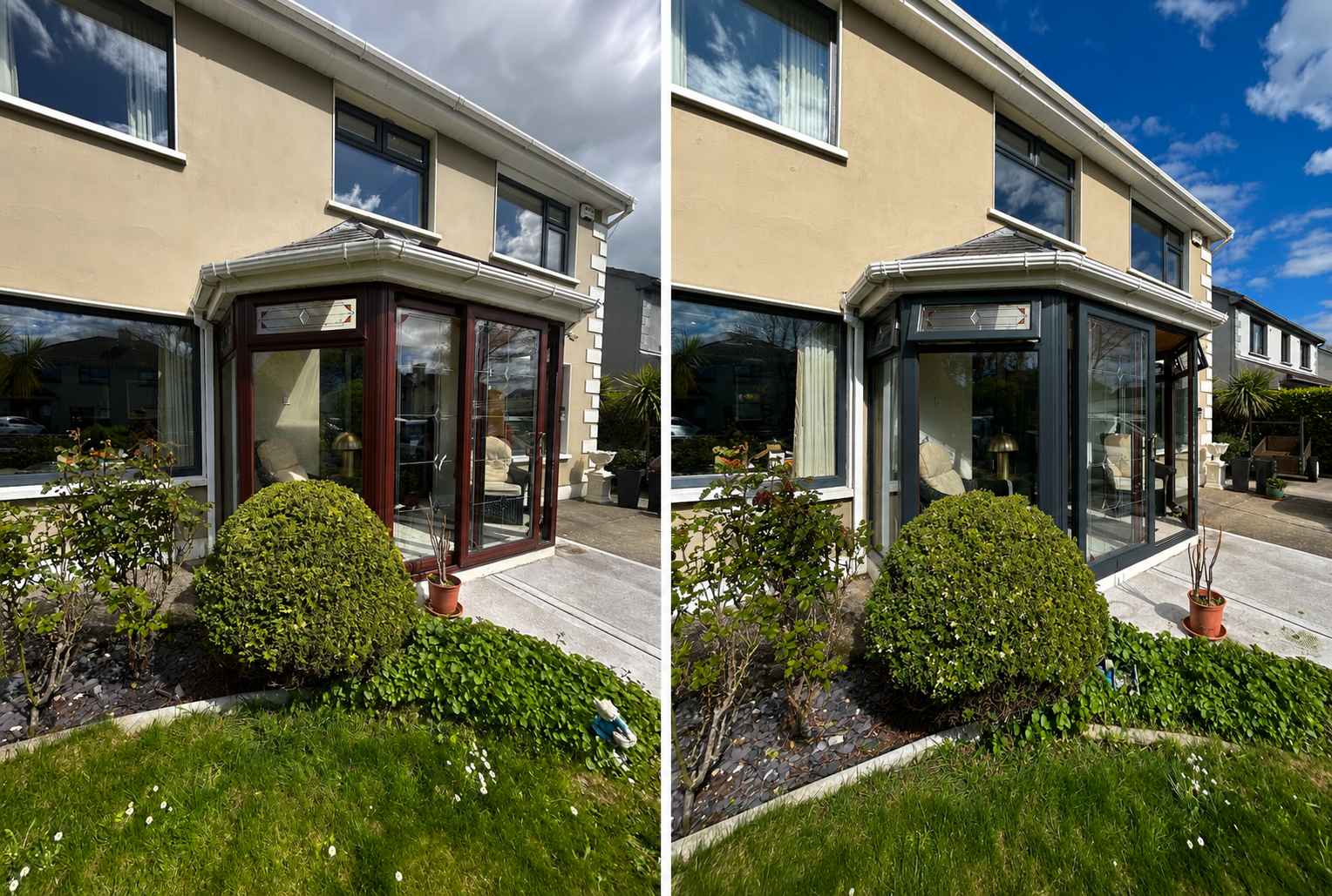 Cream rendered house before and after respraying — rosewood brown sunroom and bifold doors transformed to anthracite grey