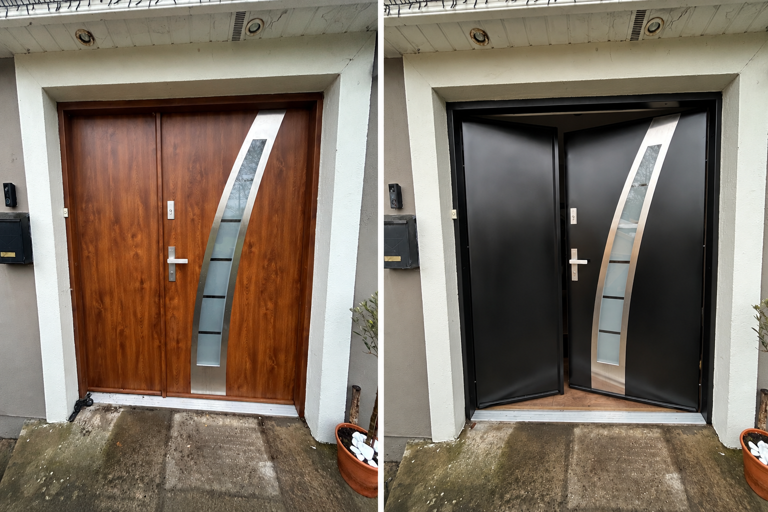 Double front door before and after respraying — woodgrain brown double door transformed to modern black with stainless steel and glass accents