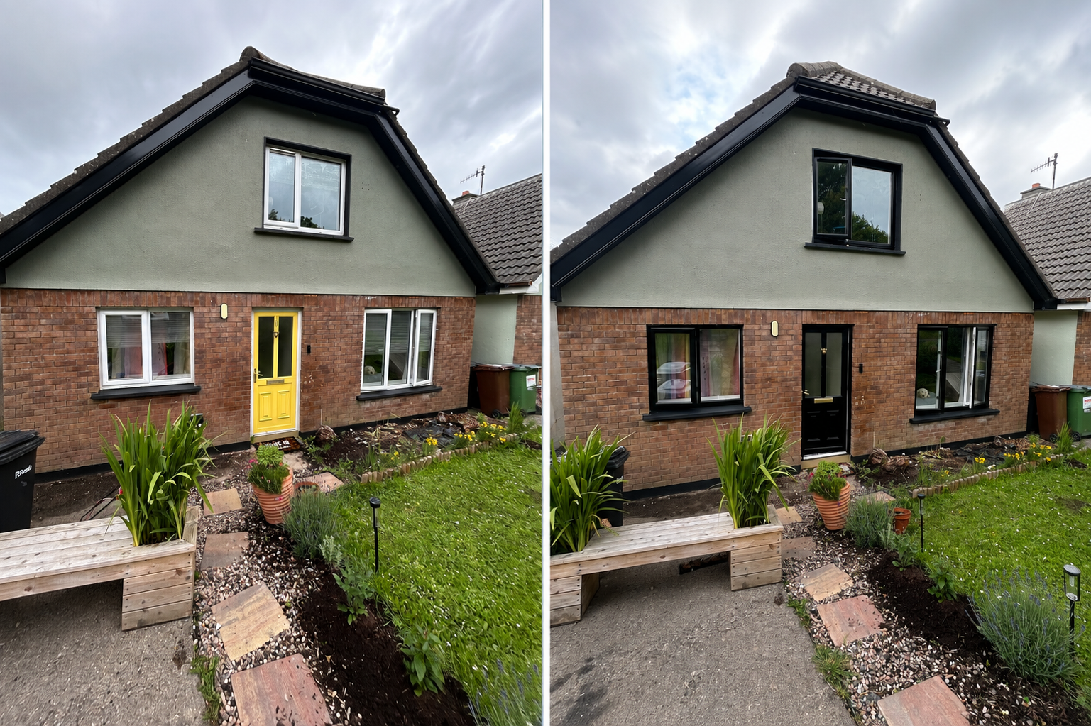 Red brick bungalow before and after respraying — bright yellow front door and white uPVC window frames transformed to black