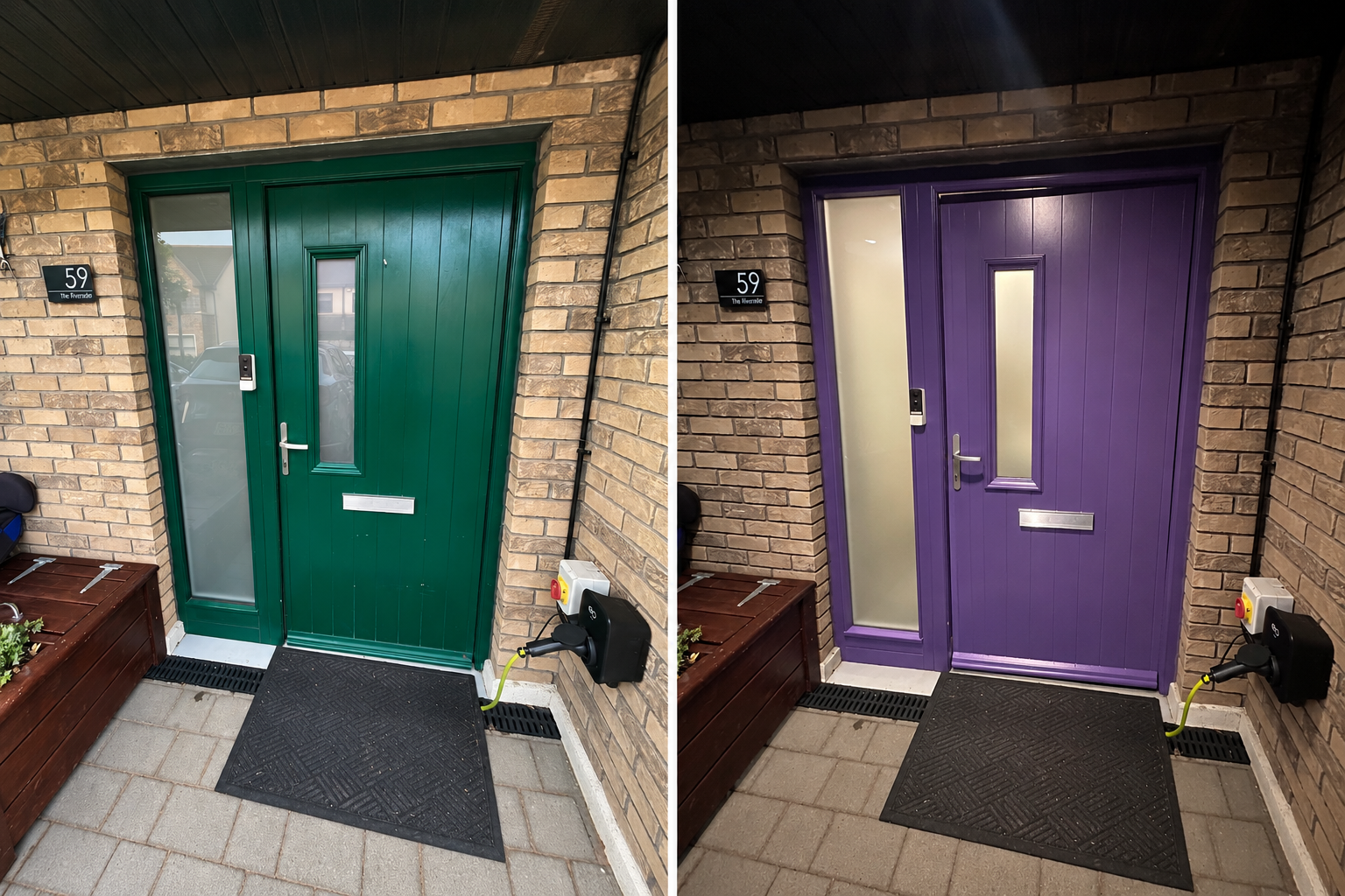 Front door with sidelight before and after respraying — deep green door and frame transformed to bold purple on a brick porch