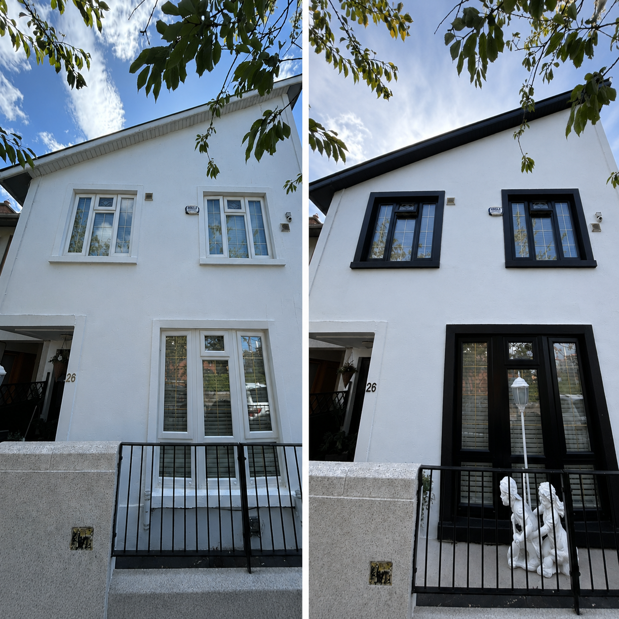 White rendered house before and after respraying — white uPVC windows and door transformed to black frames and a black front door