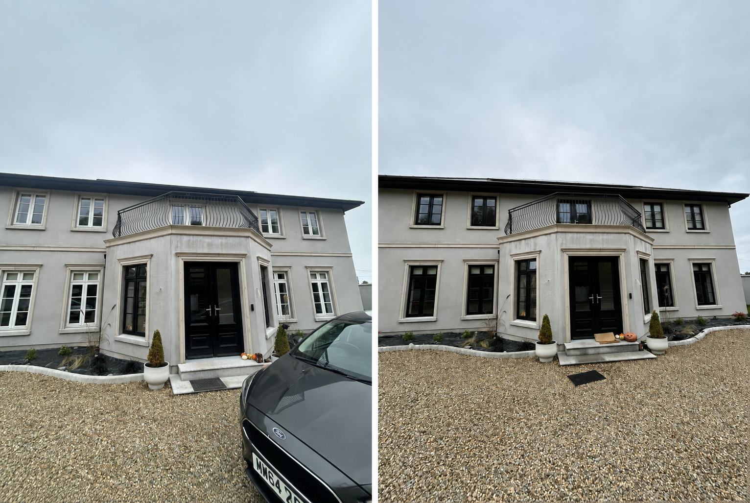 Large detached house before and after respraying — white and cream uPVC windows and front door transformed to black