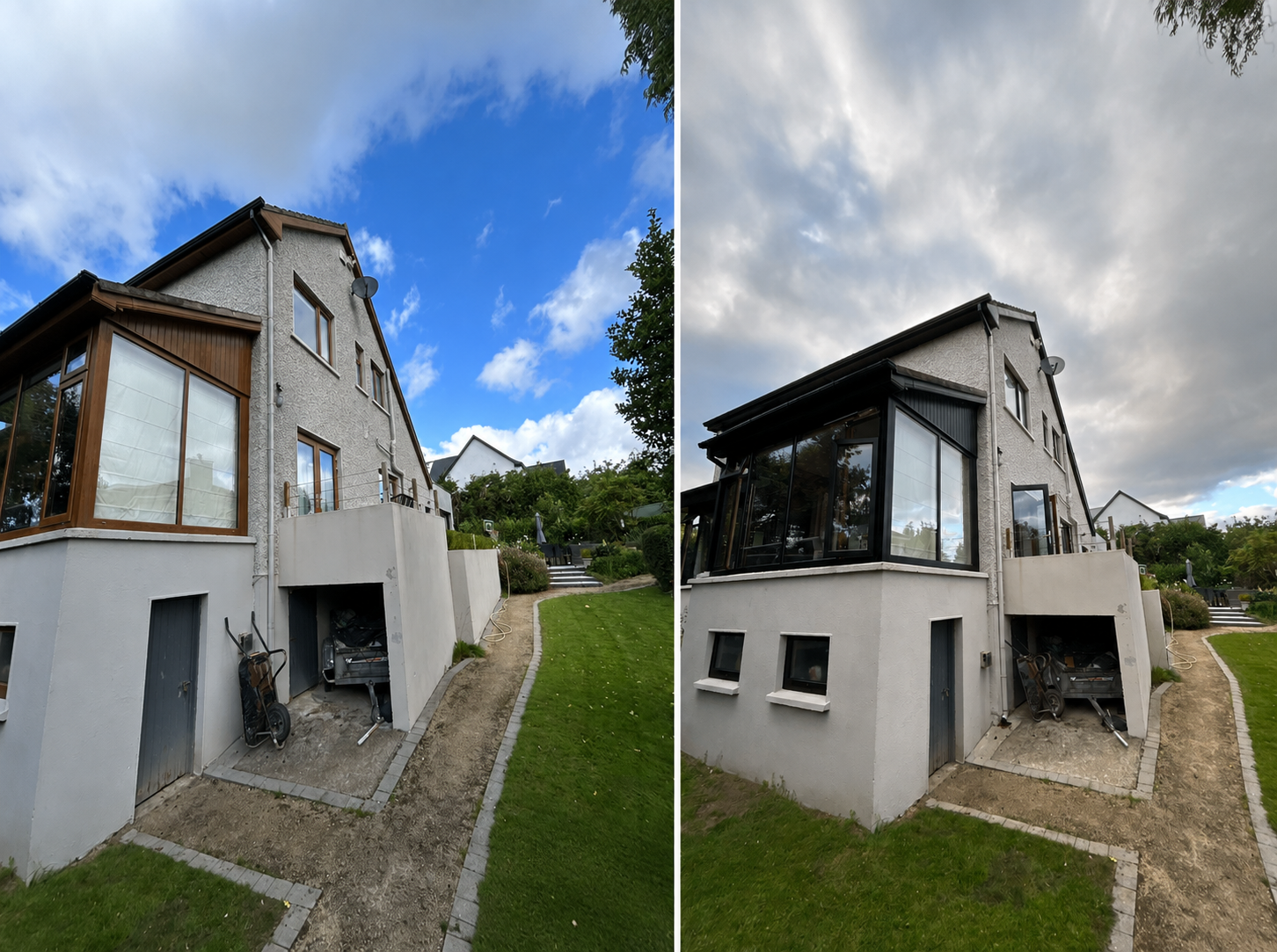 House side elevation before and after respraying — brown uPVC windows, fascia and conservatory frames transformed to black