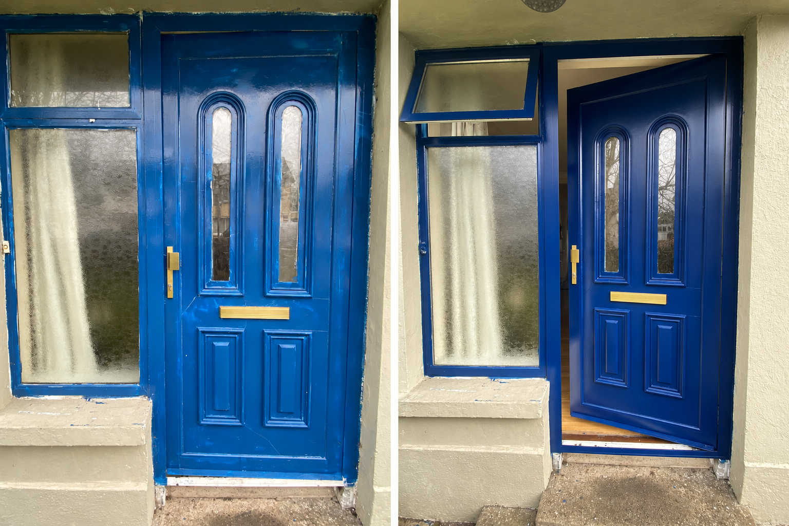 Front door with sidelight before and after respraying — worn bright blue door and frame transformed to deep navy with brass hardware