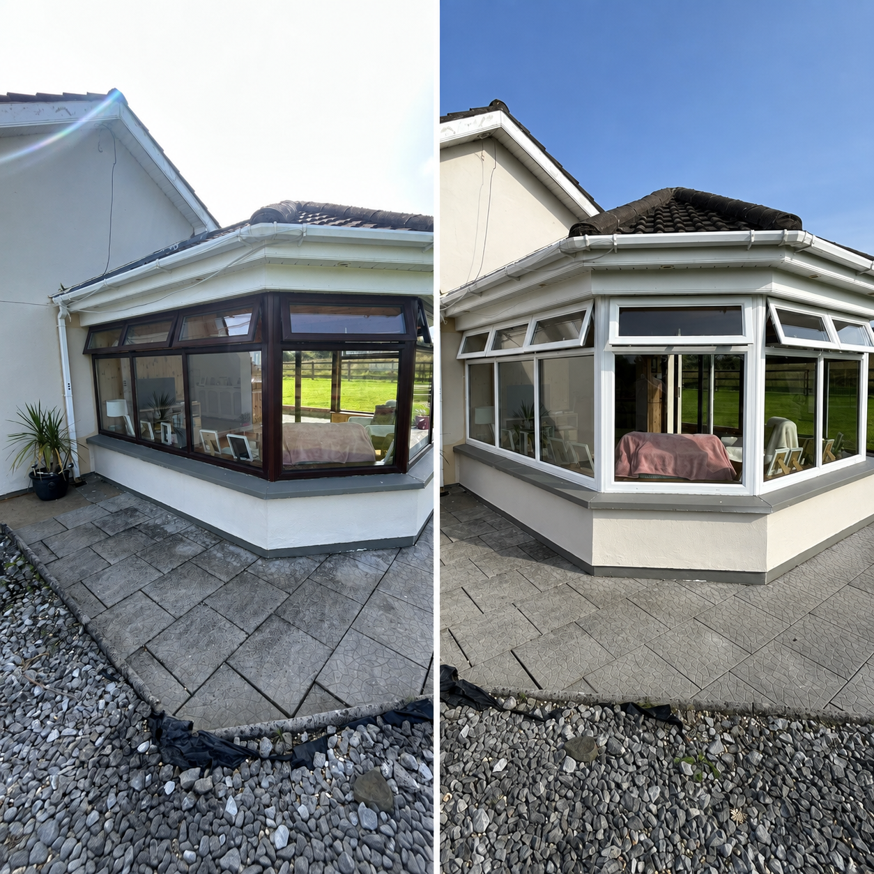 Conservatory sunroom before and after respraying — rosewood brown uPVC frames transformed to brilliant white