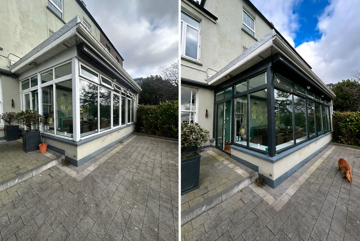 Conservatory before and after respraying — white window frames transformed to anthracite grey