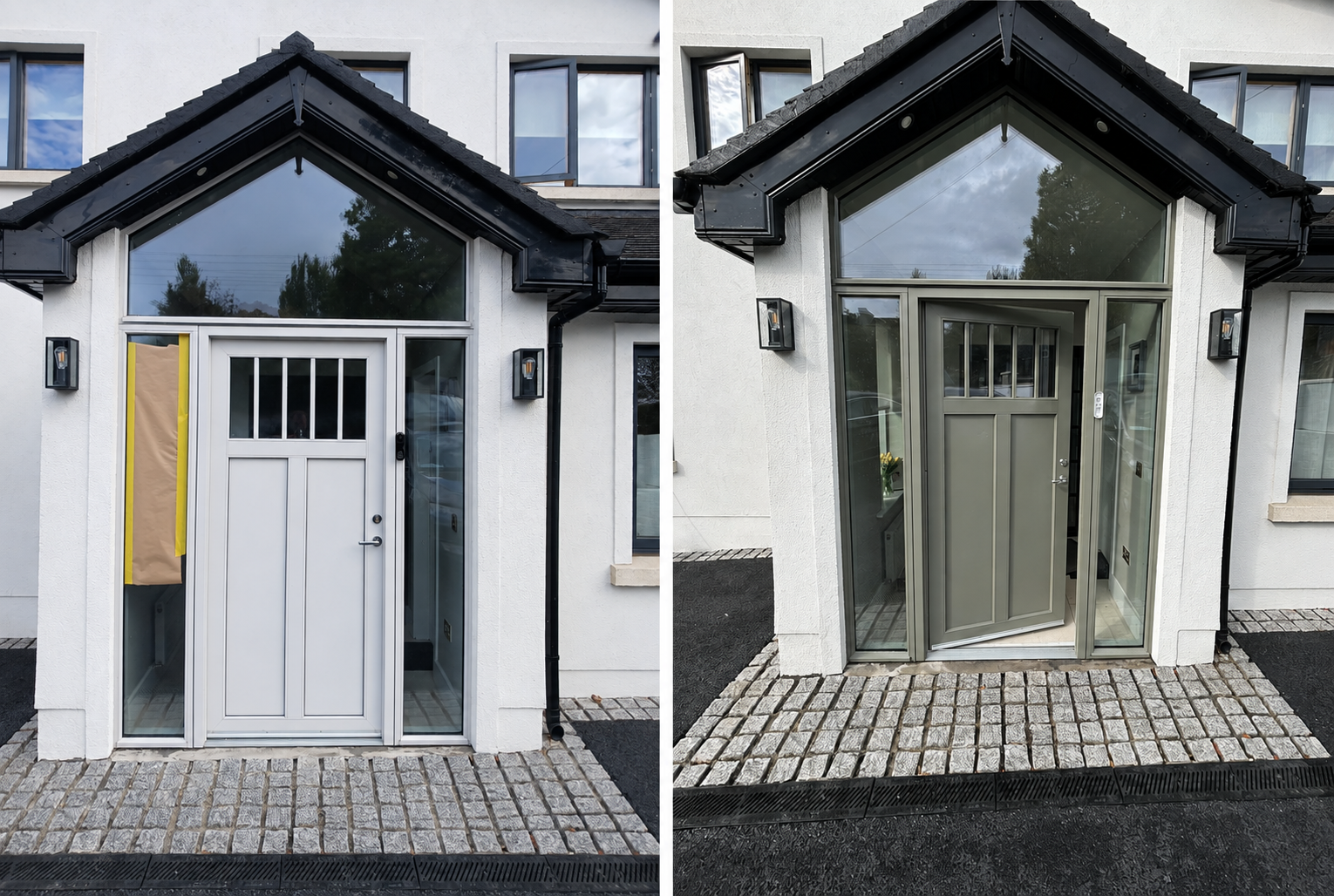 Front door with sidelights before and after respraying — white door and frame transformed to sage green on a rendered porch