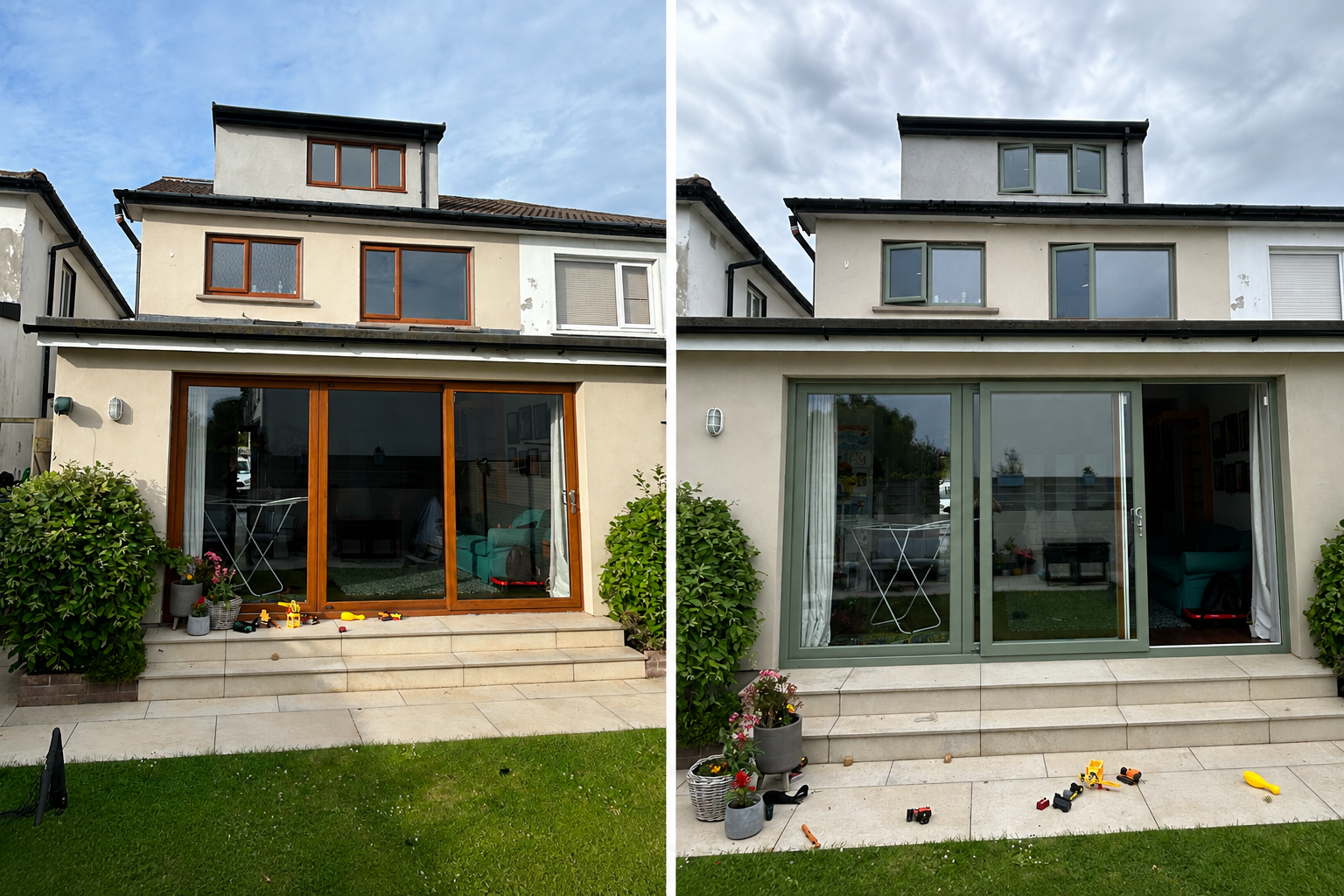 House rear elevation before and after respraying — golden oak sliding doors and windows transformed to sage green