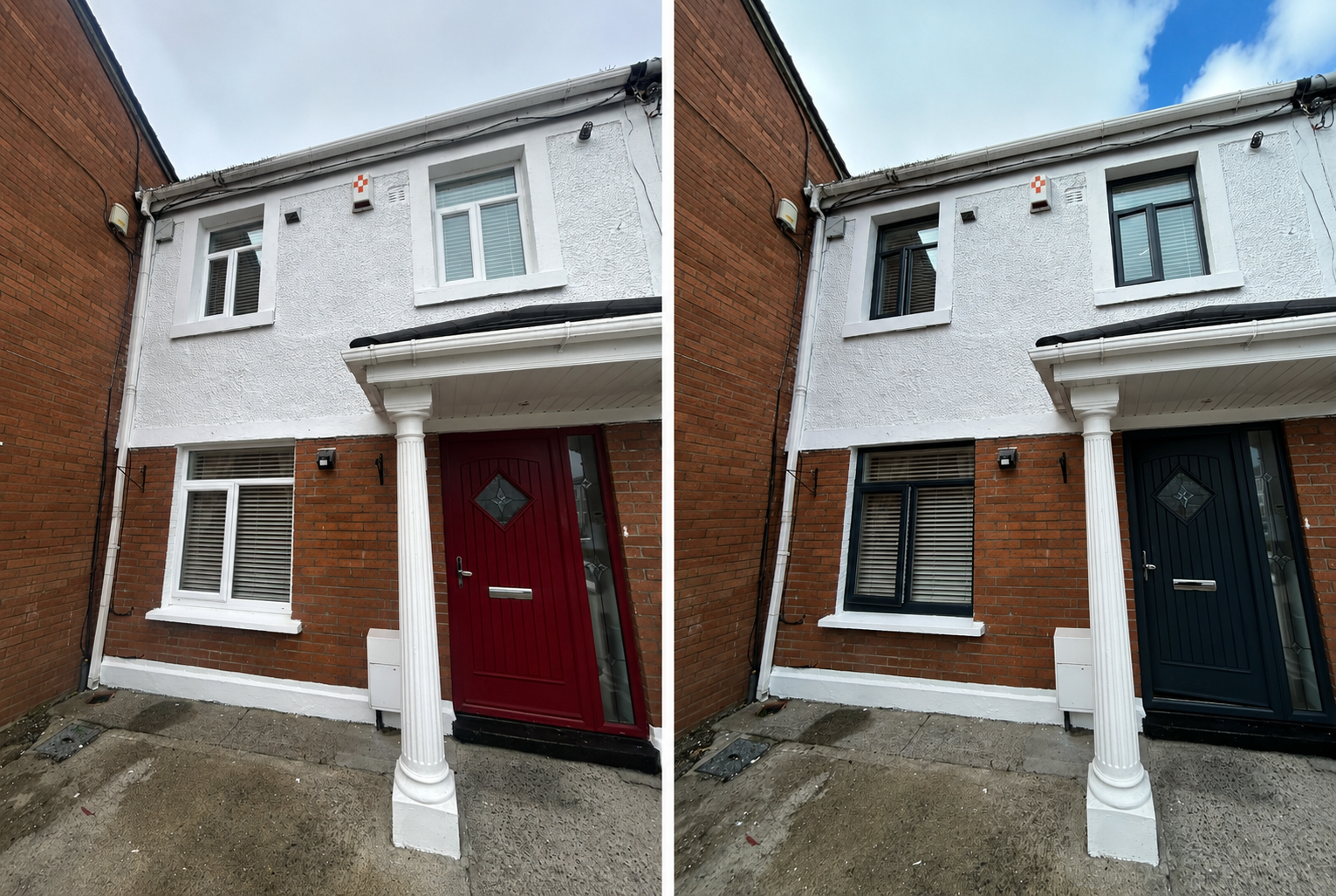 Semi-detached house before and after respraying — red front door transformed to anthracite grey with white uPVC frames