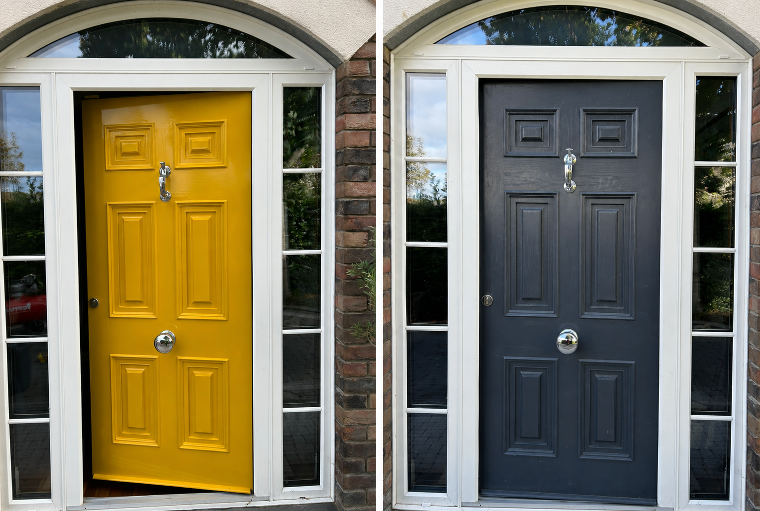 Front door before and after respraying — bright yellow door transformed to anthracite grey with white sidelights