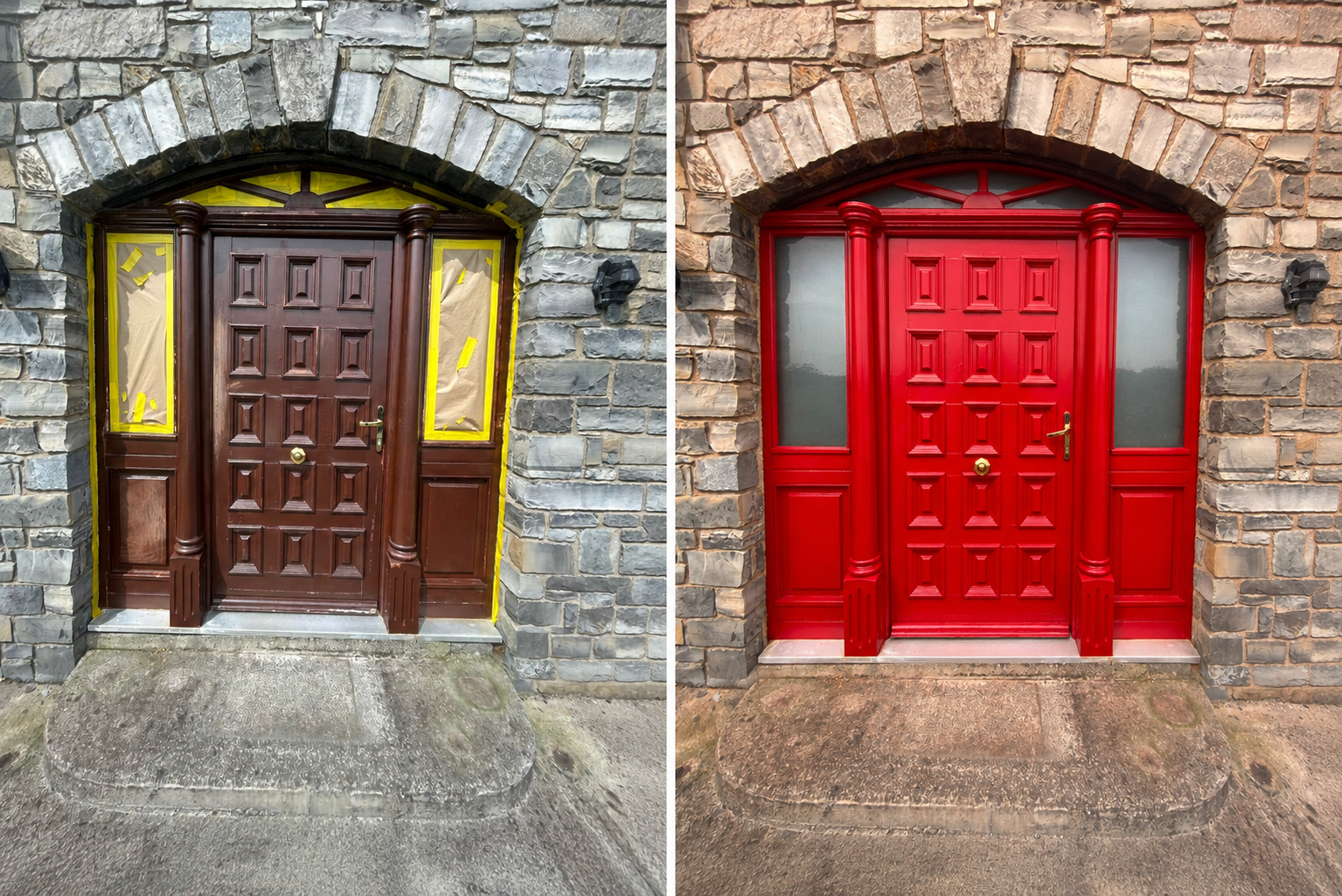 Front door with sidelights before and after respraying — dark brown door and frame transformed to bright red on a stone house