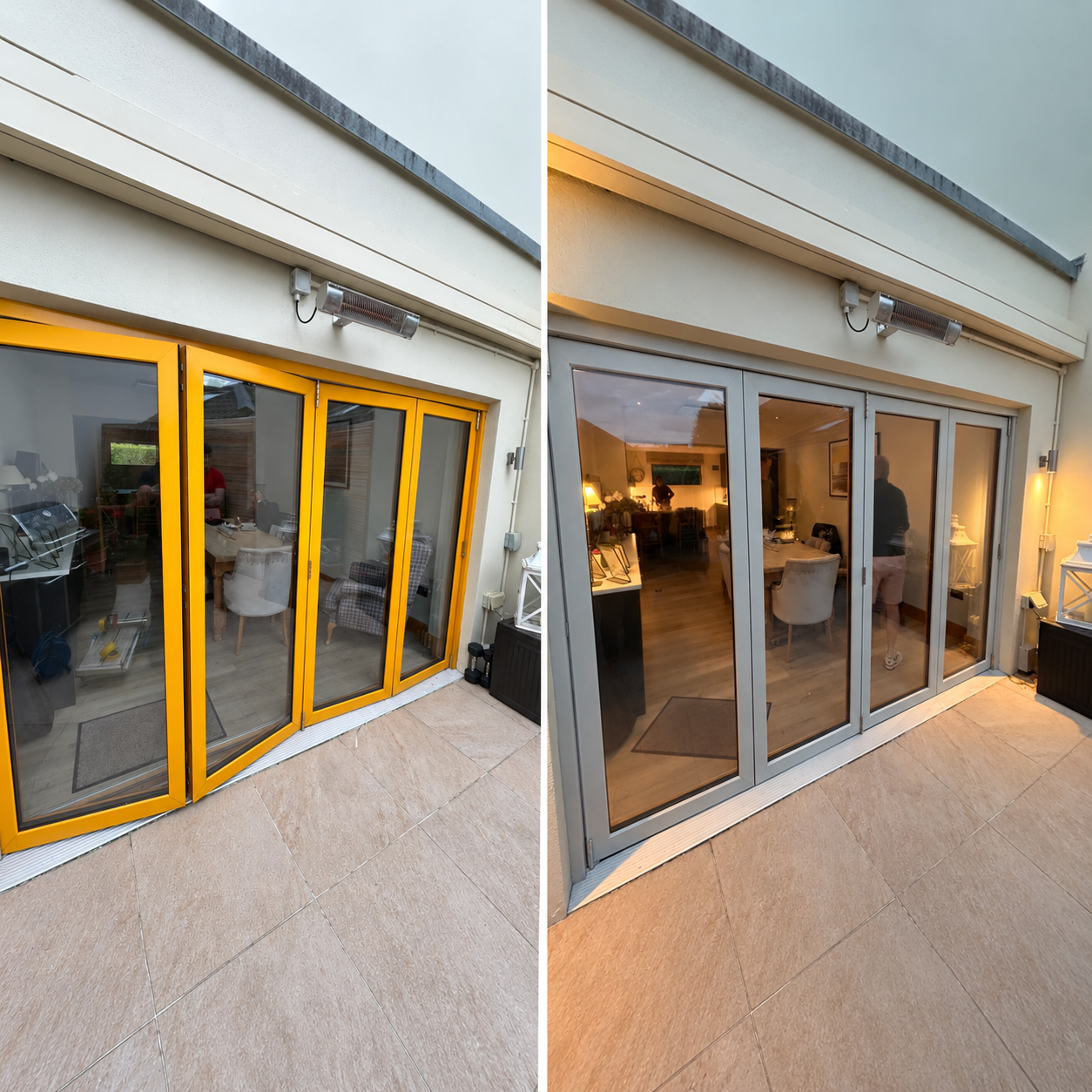 Garden bifold doors before and after respraying — bright yellow door frames transformed to a modern grey finish