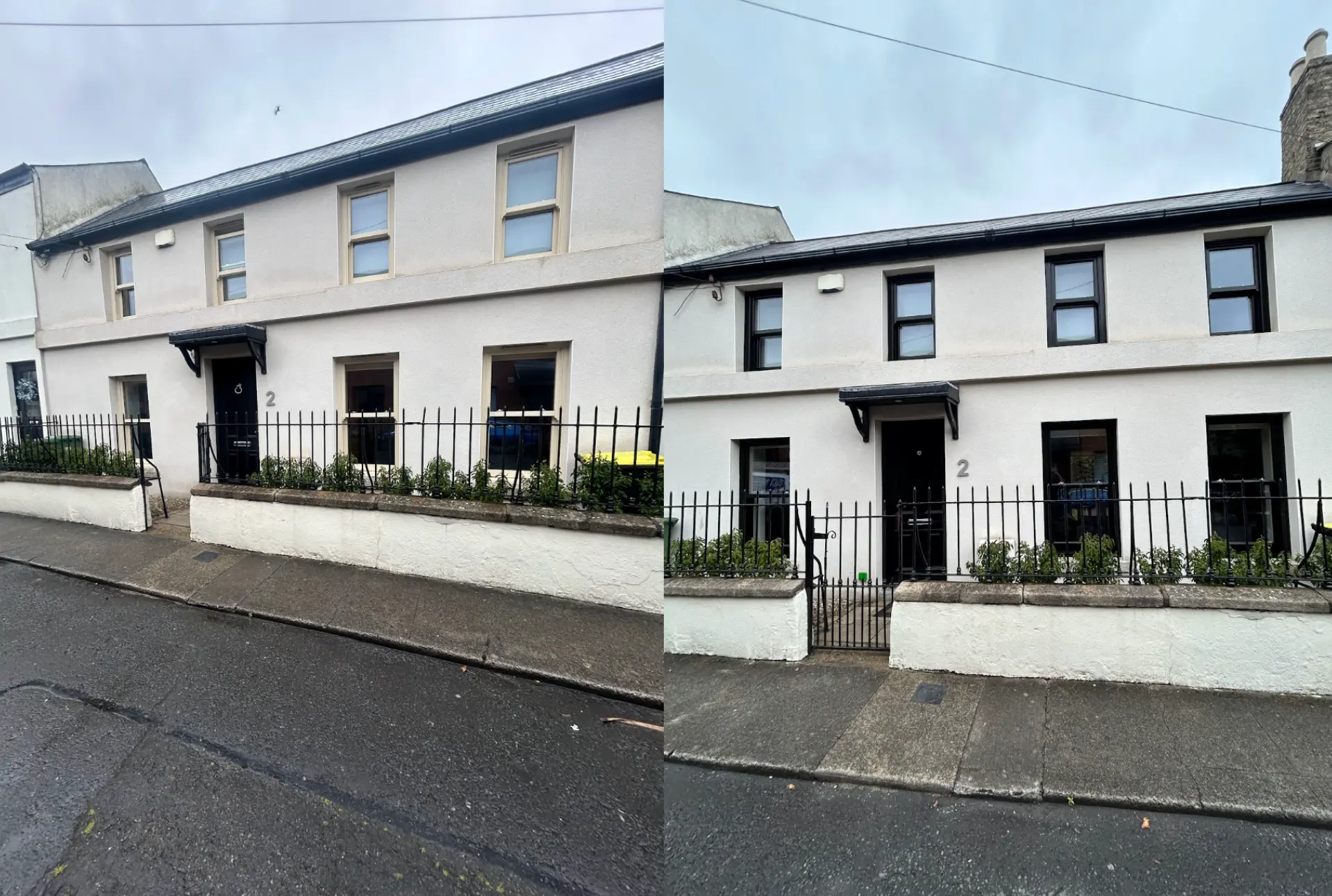 White terraced house before and after respraying — cream window frames and door surround transformed to black