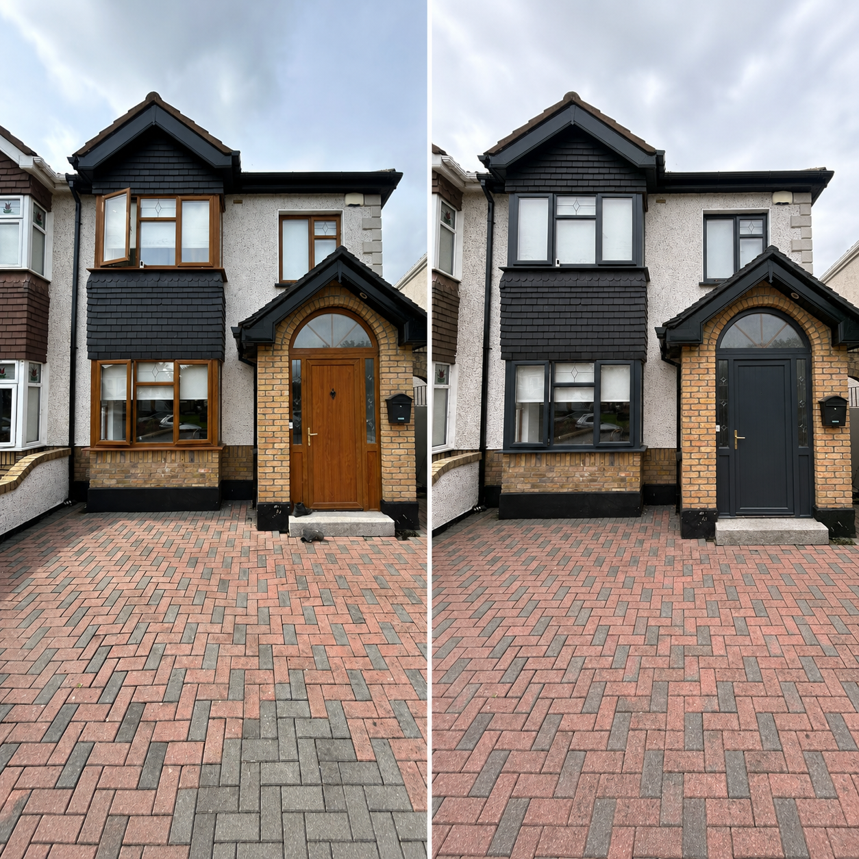 Semi-detached house before and after respraying — golden oak uPVC windows and wooden front door transformed to anthracite grey